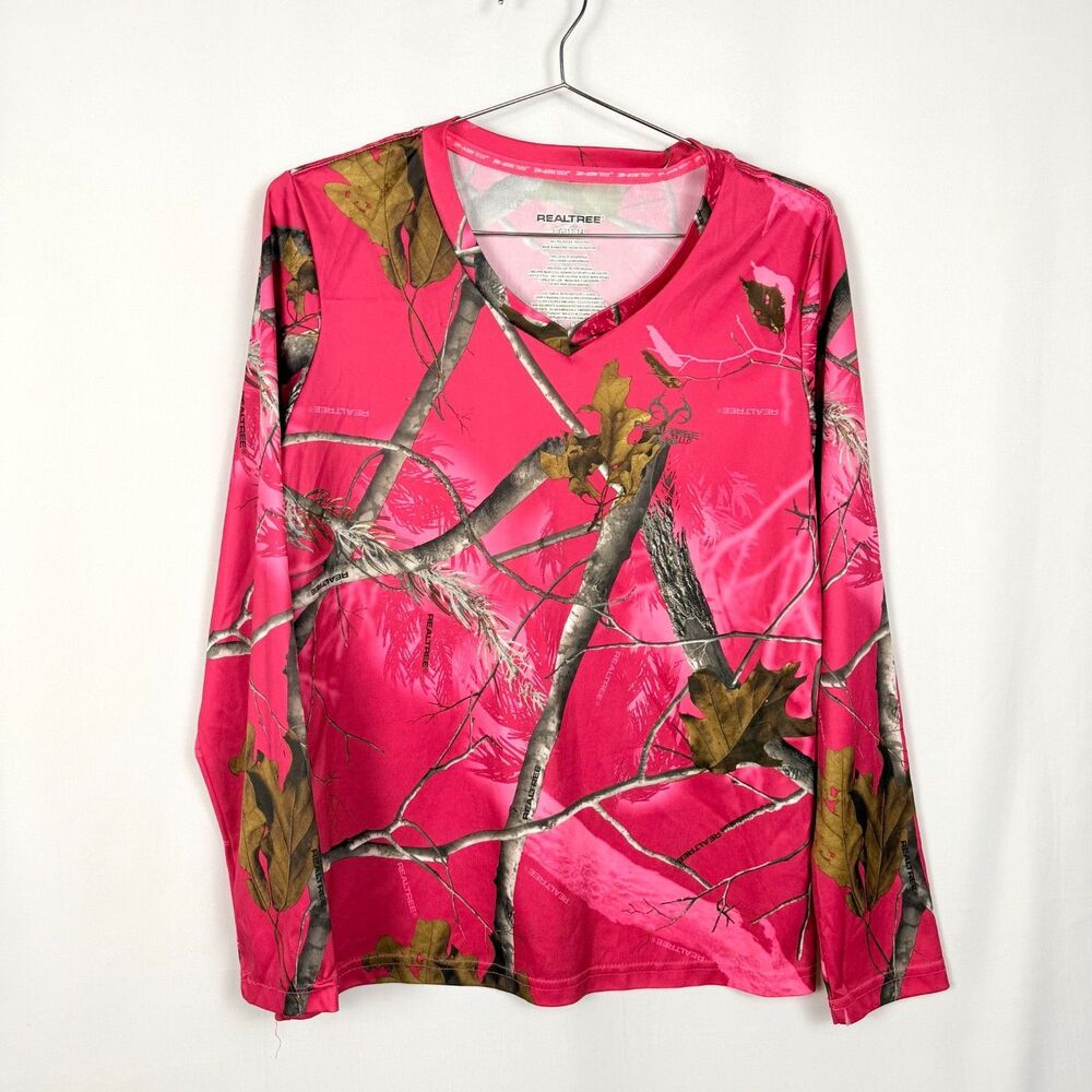 REALTREE Neon Bright Pink Women's Size L Camo Silky Stretch V-Neck Long Sleeve
